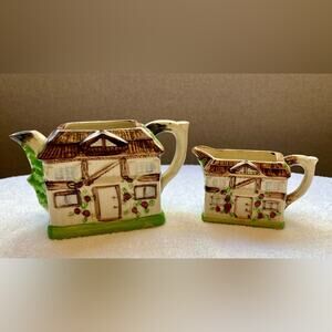 1950s Majolica Japan cottageware teapot and creamer dish